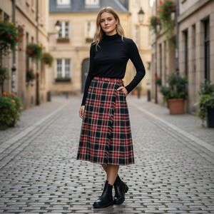 Espresso Plaid Kilt Skirt Womens 2 Black Red Pleated Midi Vintage USA Academia